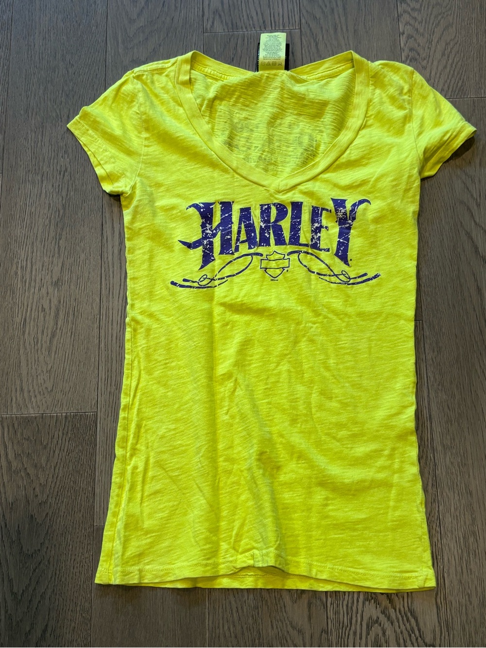 Harley-Davidson Neon Yellow V-Neck Tee with Purple Logo